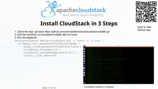 1. Clone the repo: git clone https://github.com/arencibiafrancisco/cloudstack-installer.git
2. Edit the inventory: cd cloudstack-installer && vim hosts
3. Run the playbook:
ansible-playbook deploy-cloudstack.yml -i hosts -k -u root 
-e "mysql_root_password=Cl0ud5tack-MySQL 
mysql_cloud_password=Cl0ud5tack-Cl0ud 
cloudstack_release=4.19 
cloudstack_systemvmtemplate=4.19.1 
install_local_db=true"
Install CloudStack in 3 Steps
Slide 11 of 16
Scan to view
GitHub repo
CloudStack installation in progress
 