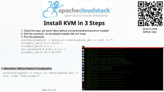 1. Clone the repo: git clone https://github.com/arencibiafrancisco/kvm-installer
2. Edit the inventory: cd cloudstack-installer && vim hosts
3. Run the playbook:
ansible-playbook -i hosts.ini kvm-playbook.yml -u root -e "
cloudbr0_ip=10.35.2.23/24 
cloudbr0_gw=10.5.2.1 
dns_servers=8.8.8.8,1.1.1.1 
cloudbr1_ip=10.35.5.61/24"
Install KVM in 3 Steps
Slide 12 of 16
Scan to view
GitHub repo
ansible-playbook -i hosts.ini kvm-playbook.yml -u
root –tags “kvm,cockpit”
🧪 Alternative: Without Network Configuration
 