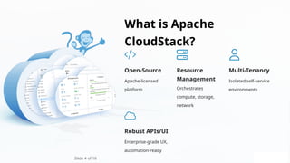 What is Apache
CloudStack?
Open-Source
Apache-licensed
platform
Resource
Management
Orchestrates
compute, storage,
network
Multi-Tenancy
Isolated self-service
environments
Robust APIs/UI
Enterprise-grade UX,
automation-ready
Slide 5 of 16
Slide 4 of 16
 