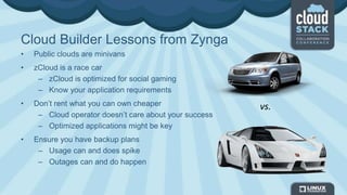 Cloud Builder Lessons from Zynga
• Public clouds are minivans
• zCloud is a race car
– zCloud is optimized for social gaming
– Know your application requirements
• Don’t rent what you can own cheaper
– Cloud operator doesn’t care about your success
– Optimized applications might be key
• Ensure you have backup plans
– Usage can and does spike
– Outages can and do happen
vs.
 