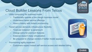 Cloud Builder Lessons From Telcos
• Utility computing fits business model
– Traditionally operate a low margin business model
– Understand tiered service offerings
– Have a history with instant provisioning
• Tiered service demands infrastructure flexibility
– “Cost per instance” is paramount
– Charge extra for premium features
– Instance doesn’t imply virtualization
– Be prepared to change vendors if better model appears
• Provisioning agility expected
– Customers expect instant self service access and detailed billing
 