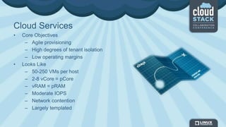 Cloud Services
• Core Objectives
– Agile provisioning
– High degrees of tenant isolation
– Low operating margins
• Looks Like
– 50-250 VMs per host
– 2-8 vCore = pCore
– vRAM = pRAM
– Moderate IOPS
– Network contention
– Largely templated
 