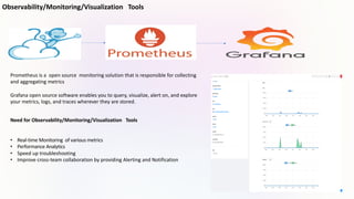 Observability/Monitoring/Visualization Tools
Need for Observability/Monitoring/Visualization Tools
• Real-time Monitoring of various metrics
• Performance Analytics
• Speed up troubleshooting
• Improve cross-team collaboration by providing Alerting and Notification
Prometheus is a open source monitoring solution that is responsible for collecting
and aggregating metrics
Grafana open source software enables you to query, visualize, alert on, and explore
your metrics, logs, and traces wherever they are stored.
 