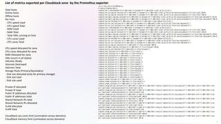 List of metrics exported per Cloudstack zone by the Promethus exporter
Total hosts
Online hosts
Offline hosts
Per host:
- CPU speed Used
- CPU speed Total
- RAM Used
- RAM Total
- Total VMs running on host
- CPU cores Used
- CPU cores Total
CPU speed Allocated for zone
CPU cores Allocated for zone
RAM Allocated for zone
VMs (count in all states)
Volumes Ready
Volumes Destroyed
Volumes Total
Storage Pools (Primary/Secondary)
- Disk size allocated (only for primary storage)
- Disk size total
- Disk size used
Private IP allocated
Private IP total
Public IP addresses allocated
Public IP addresses total
Shared Network IPs total
Shared Network IPs allocated
VLAN Allocated
VLAN Total
CloudStack cpu cores limit (summation across domains)
CloudStack memory limit (summation across domains)
 