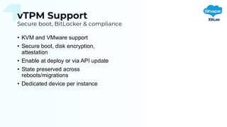 vTPM Support
Secure boot, BitLocker & compliance
• KVM and VMware support
• Secure boot, disk encryption,
attestation
• Enable at deploy or via API update
• State preserved across
reboots/migrations
• Dedicated device per instance
 