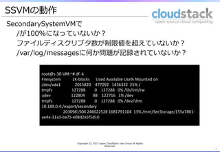 SecondarySystemVMで
/が100％になっていないか？
ファイルディスクリプタ数が制限値を超えていないか？
   /var/log/messagesに何か問題が記録されていないか？
17	
root@s-­‐30-­‐VM:~#	
  df	
  -­‐k	
  
Filesystem	
  	
  	
  	
  	
  	
  	
  	
  	
  	
  	
  1K-­‐blocks	
  	
  	
  	
  	
  	
  Used	
  Available	
  Use%	
  Mounted	
  on	
  
/dev/vda1	
  	
  	
  	
  	
  	
  	
  	
  	
  	
  	
  	
  	
  	
  2015820	
  	
  	
  	
  477092	
  	
  	
  1436332	
  	
  25%	
  /	
  
tmpfs	
  	
  	
  	
  	
  	
  	
  	
  	
  	
  	
  	
  	
  	
  	
  	
  	
  	
  	
  127288	
  	
  	
  	
  	
  	
  	
  	
  	
  0	
  	
  	
  	
  127288	
  	
  	
  0%	
  /lib/init/rw	
  
udev	
  	
  	
  	
  	
  	
  	
  	
  	
  	
  	
  	
  	
  	
  	
  	
  	
  	
  	
  	
  122804	
  	
  	
  	
  	
  	
  	
  	
  88	
  	
  	
  	
  122716	
  	
  	
  1%	
  /dev	
  
tmpfs	
  	
  	
  	
  	
  	
  	
  	
  	
  	
  	
  	
  	
  	
  	
  	
  	
  	
  	
  127288	
  	
  	
  	
  	
  	
  	
  	
  	
  0	
  	
  	
  	
  127288	
  	
  	
  0%	
  /dev/shm	
  
10.189.0.4:/export/secondary	
  
	
  	
  	
  	
  	
  	
  	
  	
  	
  	
  	
  	
  	
  	
  	
  	
  	
  	
  	
  	
  	
  2030981504	
  246022528	
  1681791104	
  	
  13%	
  /mnt/SecStorage/155a7801-­‐
ae4a-­‐31a3-­‐ba75-­‐e08d2a5f5d10	
SSVMの動作
Copyright  (C)  2013  Japan  CloudStack  User  Group  All  Rights  
Reserved.
 