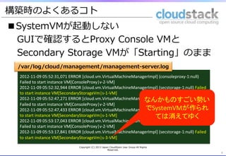 構築時のよくあるコト
■SystemVMが起動しない
GUIで確認するとProxy  Console  VMと
Secondary  Storage  VMが「Starting」のまま
4	
2012-­‐11-­‐09	
  05:52:31,071	
  ERROR	
  [cloud.vm.VirtualMachineManagerImpl]	
  (consoleproxy-­‐1:null)	
  
Failed	
  to	
  start	
  instance	
  VM[ConsoleProxy|v-­‐2-­‐VM]	
  
2012-­‐11-­‐09	
  05:52:32,944	
  ERROR	
  [cloud.vm.VirtualMachineManagerImpl]	
  (secstorage-­‐1:null)	
  Failed	
  
to	
  start	
  instance	
  VM[SecondaryStorageVm|s-­‐1-­‐VM]	
  
2012-­‐11-­‐09	
  05:52:47,271	
  ERROR	
  [cloud.vm.VirtualMachineManagerImpl]	
  (consoleproxy-­‐1:null)	
  
Failed	
  to	
  start	
  instance	
  VM[ConsoleProxy|v-­‐2-­‐VM]	
  
2012-­‐11-­‐09	
  05:52:47,433	
  ERROR	
  [cloud.vm.VirtualMachineManagerImpl]	
  (secstorage-­‐1:null)	
  Failed	
  
to	
  start	
  instance	
  VM[SecondaryStorageVm|s-­‐1-­‐VM]	
  
2012-­‐11-­‐09	
  05:53:17,043	
  ERROR	
  [cloud.vm.VirtualMachineManagerImpl]	
  (consoleproxy-­‐1:null)	
  
Failed	
  to	
  start	
  instance	
  VM[ConsoleProxy|v-­‐2-­‐VM]	
  
2012-­‐11-­‐09	
  05:53:17,841	
  ERROR	
  [cloud.vm.VirtualMachineManagerImpl]	
  (secstorage-­‐1:null)	
  Failed	
  
to	
  start	
  instance	
  VM[SecondaryStorageVm|s-­‐3-­‐VM]	
/var/log/cloud/management/management-‐‑‒server.log
なんかものすごい勢い
でSystemVMが作られ
ては消えてゆく	
Copyright  (C)  2013  Japan  CloudStack  User  Group  All  Rights  
Reserved.
 