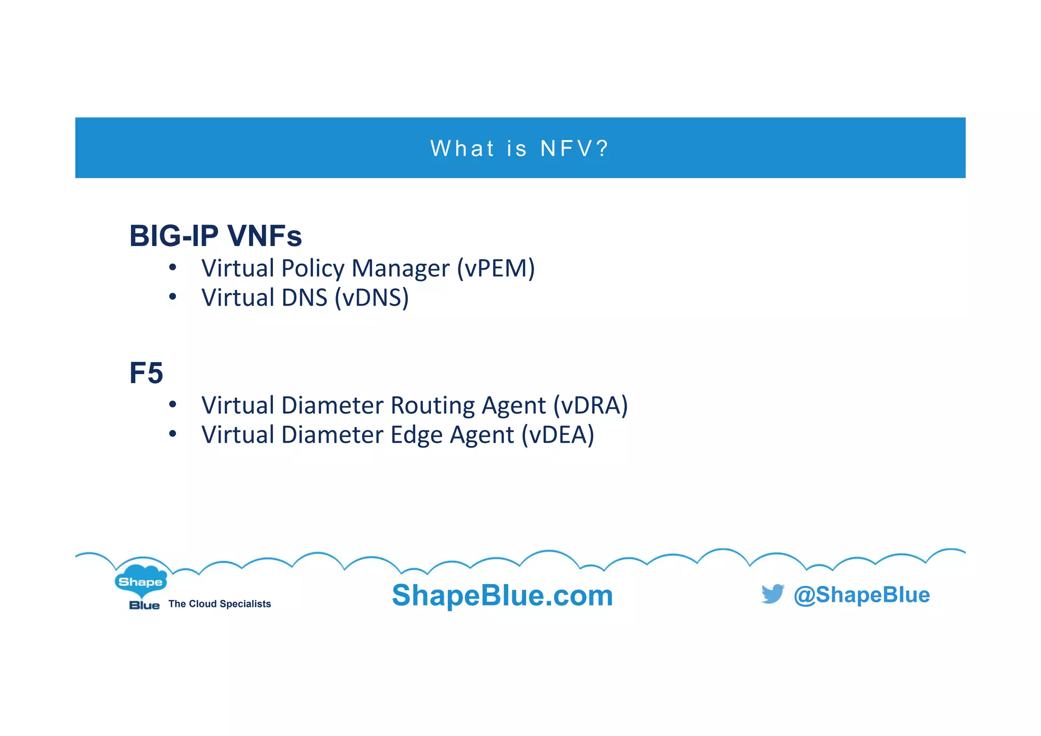 C l i c k t o e d i t
The Cloud Specialists ShapeBlue.com @ShapeBlue
BIG-IP VNFs
• Virtual Policy Manager (vPEM)
• Virtual DNS (vDNS)
F5
• Virtual Diameter Routing Agent (vDRA)
• Virtual Diameter Edge Agent (vDEA)
W h a t i s N F V ?
 