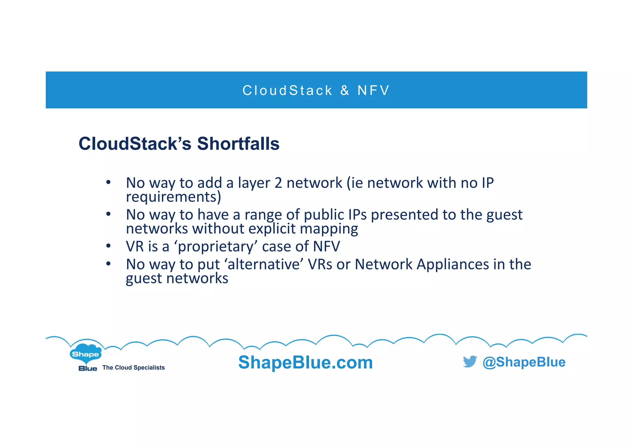 C l i c k t o e d i t
The Cloud Specialists ShapeBlue.com @ShapeBlue
CloudStack’s Shortfalls
• No way to add a layer 2 network (ie network with no IP 
requirements)
• No way to have a range of public IPs presented to the guest 
networks without explicit mapping
• VR is a ‘proprietary’ case of NFV
• No way to put ‘alternative’ VRs or Network Appliances in the 
guest networks
C l o u d S t a c k & N F V
 