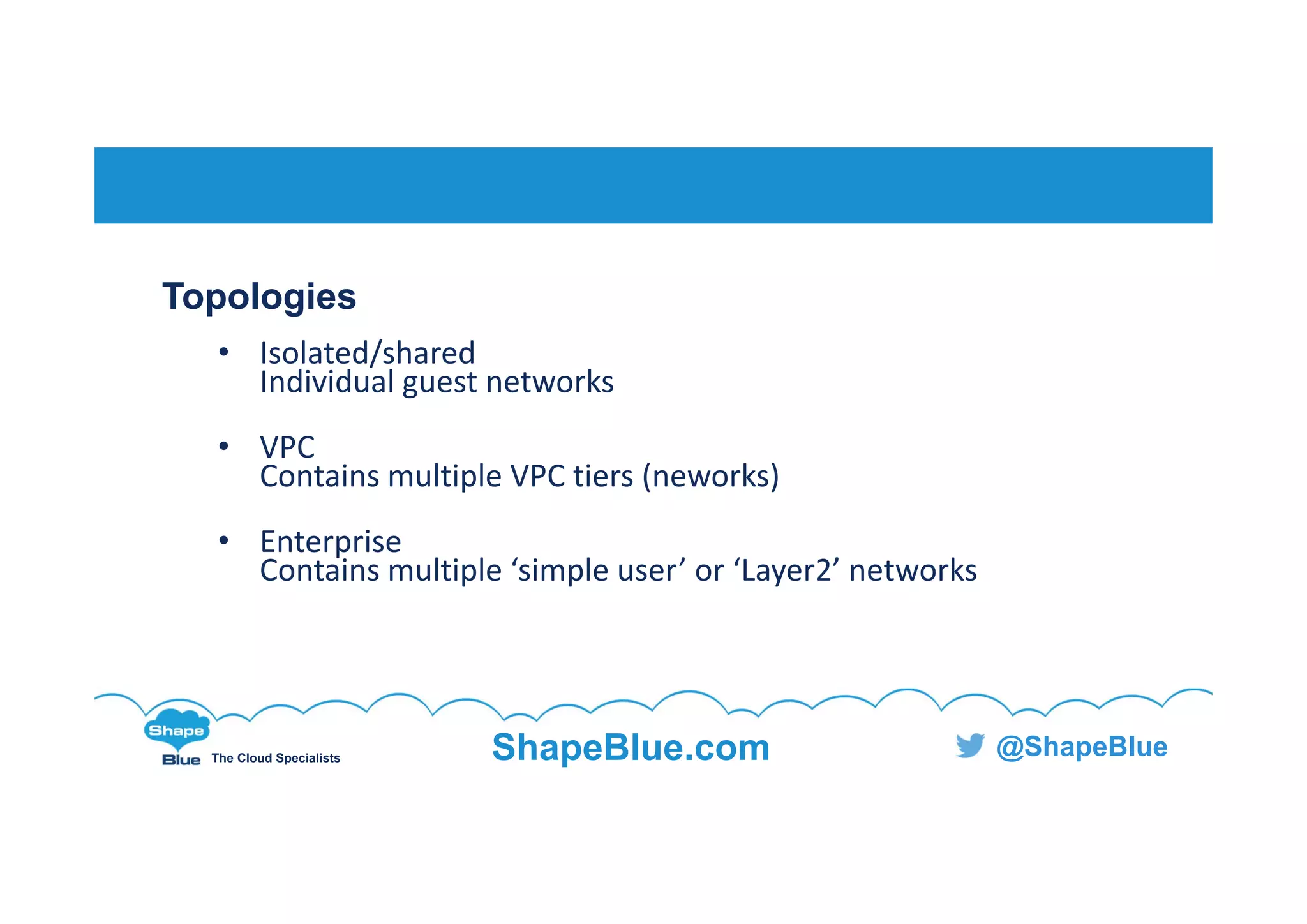 C l i c k t o e d i t
The Cloud Specialists ShapeBlue.com @ShapeBlue
Topologies
• Isolated/shared
Individual guest networks
• VPC
Contains multiple VPC tiers (neworks)
• Enterprise
Contains multiple ‘simple user’ or ‘Layer2’ networks 
 