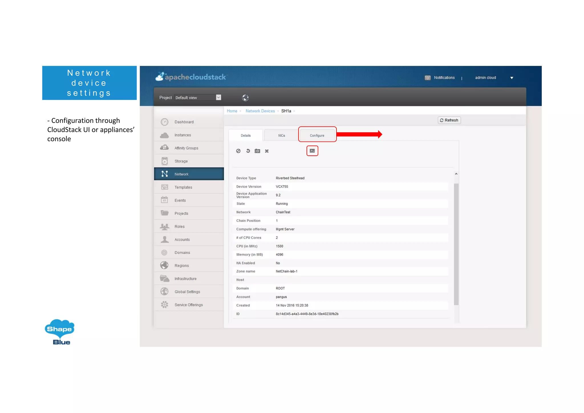 N e t w o r k
d e v i c e
s e t t i n g s
‐ Configuration through 
CloudStack UI or appliances’ 
console
 