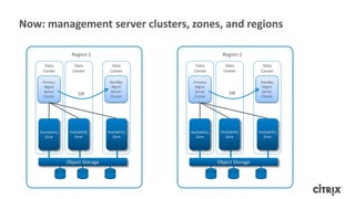 Now: management server clusters, zones, and regions

                     Region 1                                       Region 2
      Data            Data            Data           Data            Data            Data
     Center          Center          Center         Center          Center          Center

     Primary                         Standby        Primary                         Standby
      Mgmt                            Mgmt           Mgmt                            Mgmt
      Server                          Server         Server             DR           Server
     Cluster
                         DR          Cluster        Cluster                         Cluster




    Availability    Availability    Availability   Availability    Availability    Availability
       Zone            Zone            Zone           Zone            Zone            Zone




                   Object Storage                                 Object Storage
 