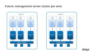 Future: management server cluster per zone

                     Region 1                                       Region 2
      Data            Data            Data           Data            Data            Data
     Center          Center          Center         Center          Center          Center


      Mgmt            Mgmt           Mgmt            Mgmt            Mgmt           Mgmt
      Server          Server         Server          Server          Server         Server
      Cluster         Cluster        Cluster         Cluster         Cluster        Cluster




    Availability    Availability    Availability   Availability    Availability    Availability
       Zone            Zone            Zone           Zone            Zone            Zone




                   Object Storage                                 Object Storage
 