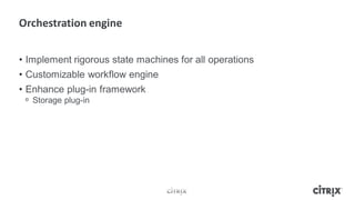 • Implement rigorous state machines for all operations
• Customizable workflow engine
• Enhance plug-in framework
 ᵒ Storage plug-in
 