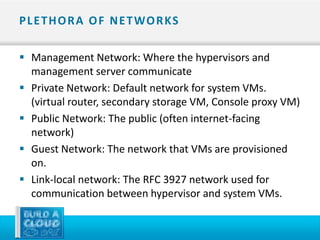 P L E T H O R A O F N E T WO R KS

 Management Network: Where the hypervisors and
  management server communicate
 Private Network: Default network for system VMs.
  (virtual router, secondary storage VM, Console proxy VM)
 Public Network: The public (often internet-facing
  network)
 Guest Network: The network that VMs are provisioned
  on.
 Link-local network: The RFC 3927 network used for
  communication between hypervisor and system VMs.
 