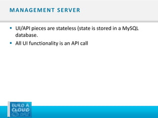 M A N AG E M E N T S E RV E R

 UI/API pieces are stateless (state is stored in a MySQL
  database.
 All UI functionality is an API call
 