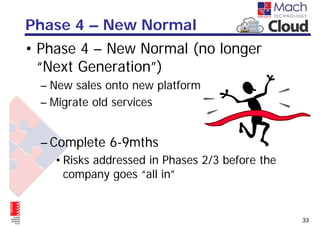Phase 4 – New Normal
• Phase 4 – New Normal (no longer
  “Next Generation”)
  – New sales onto new platform
  – Migrate old services


  – Complete 6-9mths
    • Risks addressed in Phases 2/3 before the
      company goes “all in”


                                                 33
 