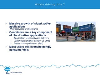 Click to edit
The Cloud Specialists
The container revolution
• Massive growth of cloud native
applications
Microservices architectures
• Containers are a key component
of cloud native applications
• Application level software delivery
• Lightweight (higher density vs VMs)
• Faster start-up time (vs VMs)
• Most users still overwhelmingly
consume VM’s
W h a t s d r i v i n g t h i s ?
 