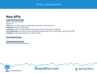 C l i c k t o e d i t
The Cloud Specialists
ShapeBlue.com @ShapeBlue
New APIs
createContainerCluster
name : name of the cluster
description
zoneId: zone in which cluster to be launched. zone to be of 'advanced' zone
networkId: network of 'shared' type
nodeCount: number of node instances in the cluster used for launching the containers
serviceOfferingId: uuid of the computer offering that shall be used for launching nodes, and master k8s VMs
templateId: UUID of the template for creating the VMs
listContainerCluster
deleteContainerCluster
id: UUID of the cluster to be deleted
C C S c o m p o n e n t s
 