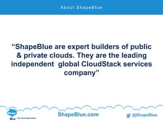 The Cloud Specialists
ShapeBlue.com @ShapeBlue
“ShapeBlue are expert builders of public
& private clouds. They are the leading
independent global CloudStack services
company”
A b o u t S h a p e B l u e
 