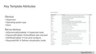 Key Template Attributes
Obvious
• Hypervisor
• Operating system type
• Zone
Not so obvious
• IsDynamicallyScalable  Hypervisor tools
• PasswordEnabled CloudStack sets root pwd
• SSHKeyEnabled  Can post configure
• RequiresHVM  Defines virtualization mode
 