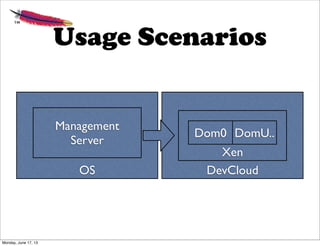 Usage Scenarios
DevCloud
Xen
Dom0 DomU..
OS
Management
Server
Monday, June 17, 13
 