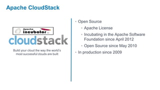 Apache CloudStack

                                         • Open Source
                                            • Apache License
                                            • Incubating in the Apache Software
                                              Foundation since April 2012
                                            • Open Source since May 2010
  Build your cloud the way the world’s
   most successful clouds are built      • In production since 2009
 