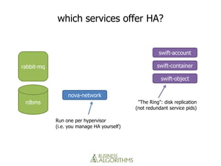 which services offer HA?


                                                       swift-account

rabbit-mq                                             swift-container

                                                        swift-object


                 nova-network
 rdbms                                       "The Ring": disk replication
                                            (not redundant service pids)

            Run one per hypervisor
            (i.e. you manage HA yourself)
 
