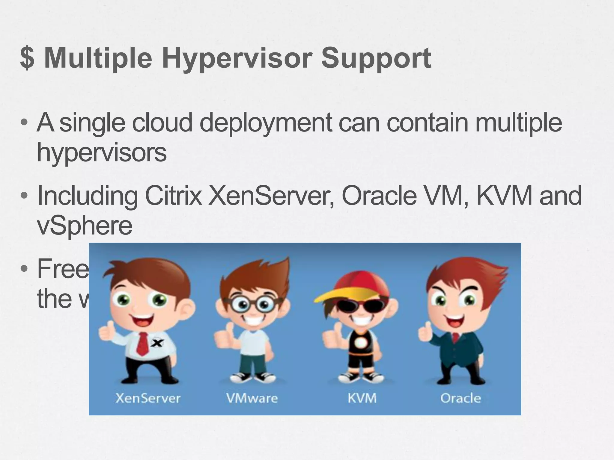 • A single cloud deployment can contain multiple
hypervisors
• Including Citrix XenServer, Oracle VM, KVM and
vSphere
• Freedom to choose the right hypervisor for
the workload
$ Multiple Hypervisor Support
 