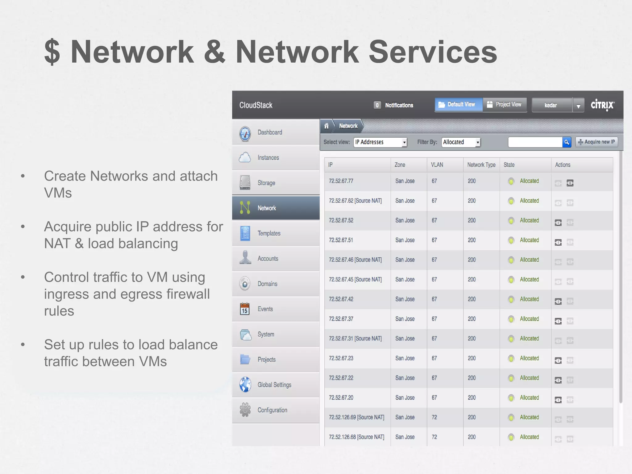 $ Network & Network Services
• Create Networks and attach
VMs
• Acquire public IP address for
NAT & load balancing
• Control traffic to VM using
ingress and egress firewall
rules
• Set up rules to load balance
traffic between VMs
 