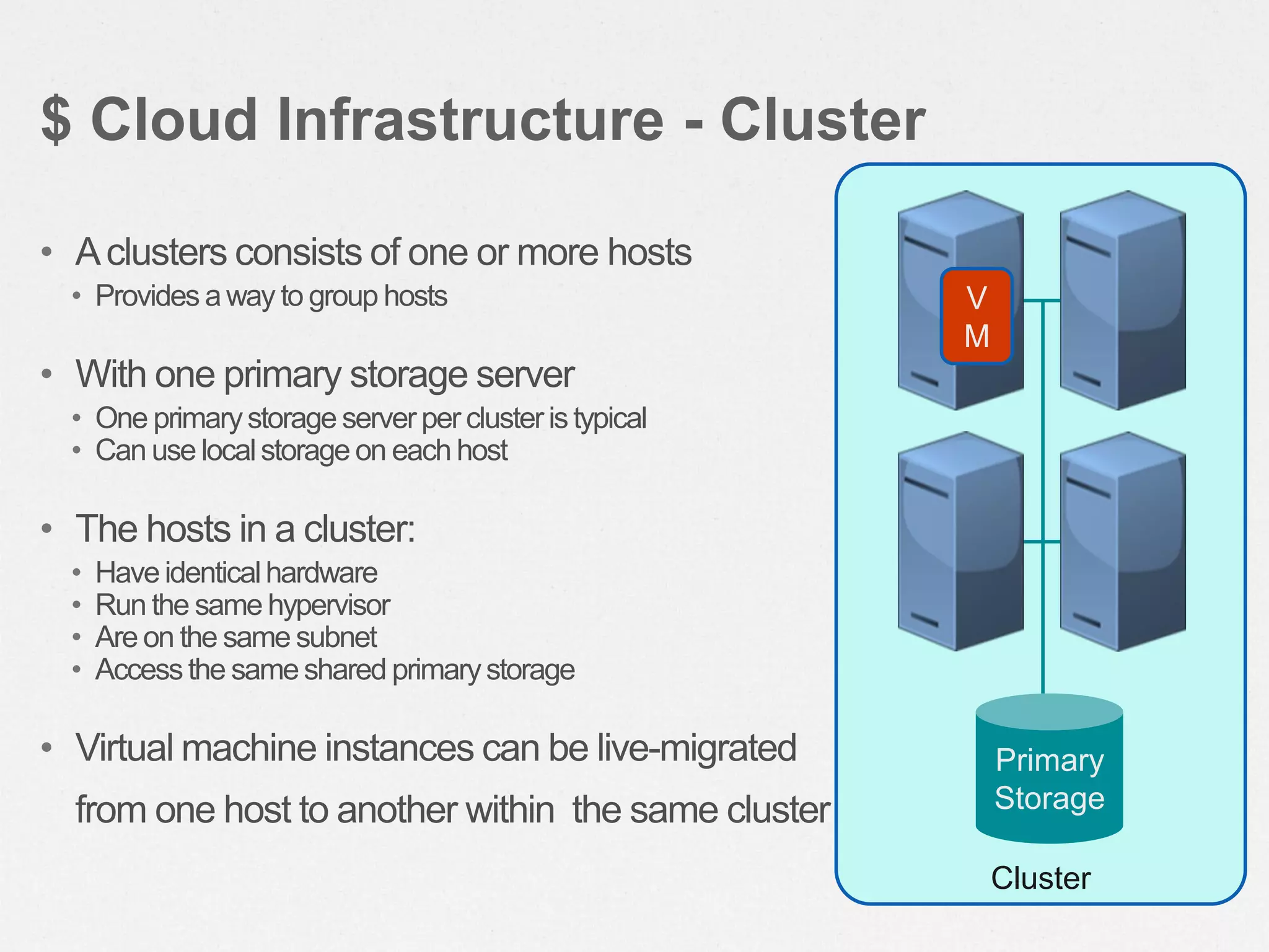 Cluster
• Aclusters consists of one or more hosts
• Provides away to group hosts
• With one primary storage server
• One primarystorage serverper clusteristypical
• Can use localstorage on each host
• The hosts in a cluster:
• Haveidenticalhardware
• Run the same hypervisor
• Are on the same subnet
• Accessthe sameshared primarystorage
• Virtual machine instances can be live-migrated
from one host to another within the same cluster
$ Cloud Infrastructure - Cluster
Primary
Storage
V
M
 