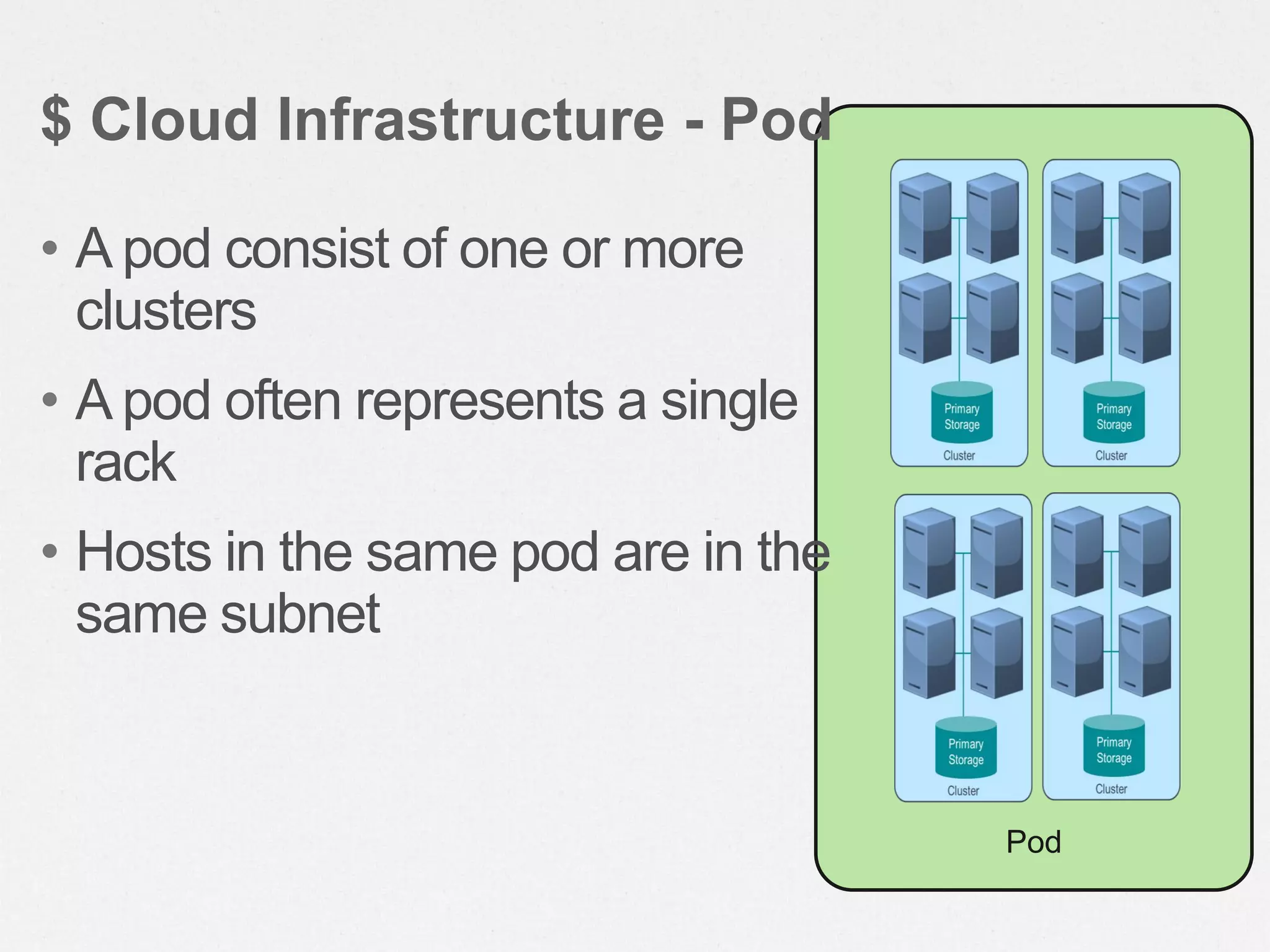 Pod
• A pod consist of one or more
clusters
• A pod often represents a single
rack
• Hosts in the same pod are in the
same subnet
$ Cloud Infrastructure - Pod
 