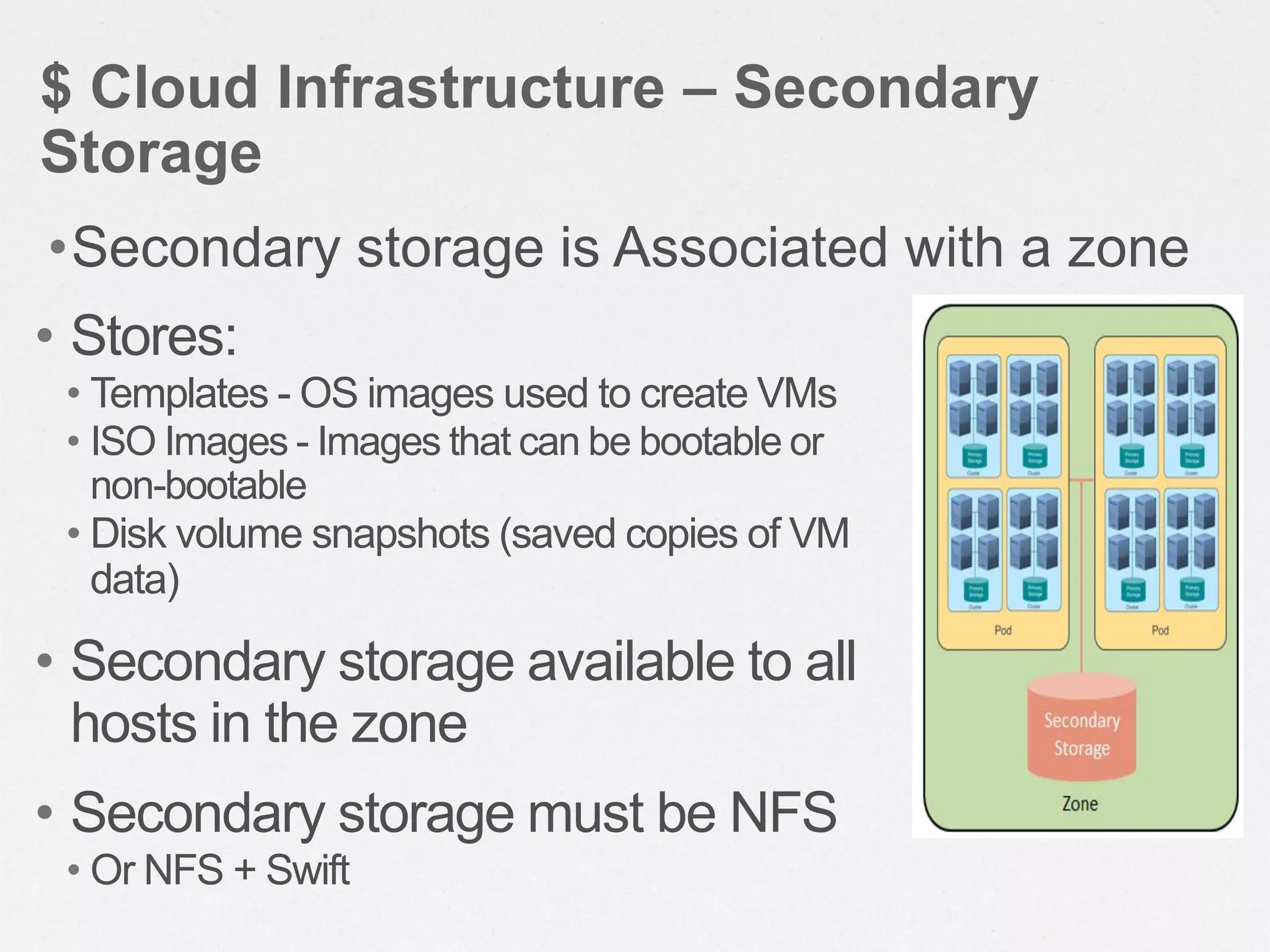 • Stores:
• Templates - OS images used to create VMs
• ISO Images - Images that can be bootable or
non-bootable
• Disk volume snapshots (saved copies of VM
data)
• Secondary storage available to all
hosts in the zone
• Secondary storage must be NFS
• Or NFS + Swift
$ Cloud Infrastructure – Secondary
Storage
•Secondary storage is Associated with a zone
 
