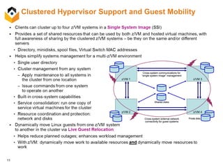 11
Clustered Hypervisor Support and Guest Mobility
z/VM 2
z/VM 1
z/VM 4
z/VM 3
Shared disks
Private disks
Cross-system communications for
“single system image” management
Cross-system external network
connectivity for guest systems
z/VM 2
z/VM 1
z/VM 4
z/VM 3
Shared disks
Private disks
Cross-system communications for
“single system image” management
Cross-system external network
connectivity for guest systems
 