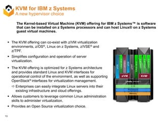 13
KVM for IBM z Systems
A new hypervisor choice
The Kernel-based Virtual Machine (KVM) offering for IBM z Systems™ is software
that can be installed on z Systems processors and can host Linux® on z Systems
guest virtual machines.
 The KVM offering can co-exist with z/VM virtualization
environments, z/OS®, Linux on z Systems, z/VSE® and
z/TPF.
 Simplifies configuration and operation of server
virtualization.
 The KVM offering is optimized for z Systems architecture
and provides standard Linux and KVM interfaces for
operational control of the environment, as well as supporting
OpenStack® interfaces for virtualization management.
 Enterprises can easily integrate Linux servers into their
existing infrastructure and cloud offerings.
 Allows customers to leverage common Linux administration
skills to administer virtualization.
 Provides an Open Source virtualization choice.
LPARs (PR/SM™)
z/TPF
z/OS
KVM*z/VM
z/OS
Linuxonz
Linuxonz
Linuxonz
Linuxonz
Linuxonz
Memory
Processors
I / O
z/VSES
 