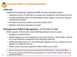 24
Current State of Implementation
z/VM-only
Integrated Cloud Manager Appliance (CMA) provides OpenStack support
• Integrated function of z/VM with no-charge and is available to all licensees of z/VM
• Provides OpenStack APIs, at the OpenStack Liberty release, that can be called by
orchestration products
• Provided in the service stream at the end of March 2016
• Migration instructions have been provided
Heterogeneous Platform Management - (z/VM, KVM and x86)
SUSE supports z/VM and x86 in their SUSE OpenStack Cloud 6 product
• Available as of March 2016
• SOC6 supports any Linux distribution in the virtual machine - SLES, RHEL, Ubuntu -
any Linux distribution supported by the underlying hypervisor
• SUSE OpenStack Cloud 6 & Cloud Manager Appliance can be configured to work
together in a federated manner
• SUSE intends to provide support for KVM for IBM z also in 2016
We are working with Canonical to provide support for KVM for IBM z in Ubuntu OpenStack
We are also working with Red Hat to provide support for z/VM and KVM for IBM z in Red Hat
OpenStack Platform
 