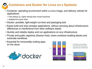 32
• Container: operating environment within a Linux image, and delivery vehicle for
applications
• Fast startup up, higher density than virtual machines
• Isolated from each other
• Docker: portable, light-weight run-time and packaging tool
• Easily build and ship complex applications, without worrying about infrastructure
differences or interference from other software stacks
• Quickly and reliably deploy and run applications on any infrastructure
• Private and public registries (Docker Hub): share container building blocks and
automate workflows
• Essential for horizontally scaling apps
on the cloud
Containers and Docker for Linux on z Systems
 