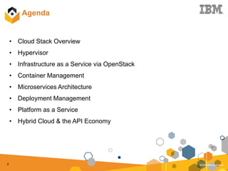 2
• Cloud Stack Overview
• Hypervisor
• Infrastructure as a Service via OpenStack
• Container Management
• Microservices Architecture
• Deployment Management
• Platform as a Service
• Hybrid Cloud & the API Economy
Agenda
 