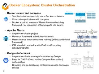 41
Docker Ecosystem: Cluster Orchestration
• Docker swarm and compose
• Simple cluster framework fit to run Docker containers
• Composite applications with compose
• Docker acquired makers of Mesos Aurora scheduling
framework, for integration of Aurora parts into swarm
• Apache Mesos
• Large scale cluster project
• Marathon framework schedules containers
• Mesos intends to run containers natively (without additional
framework)
• IBM intends to add value with Platform Computing
scheduler (EGO)
• Google Kubernetes
• Large scale cluster manager/scheduler by Google
• Base for CNCF (Cloud Native Compute Foundation)
orchestration
• Grouping and co-location of containers as pods, forming a
service
 