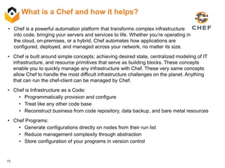 73
What is a Chef and how it helps?
• Chef is built around simple concepts: achieving desired state, centralized modeling of IT
infrastructure, and resource primitives that serve as building blocks. These concepts
enable you to quickly manage any infrastructure with Chef. These very same concepts
allow Chef to handle the most difficult infrastructure challenges on the planet. Anything
that can run the chef-client can be managed by Chef.
• Chef is Infrastructure as a Code:
• Programmatically provision and configure
• Treat like any other code base
• Reconstruct business from code repository, data backup, and bare metal resources
• Chef Programs:
• Generate configurations directly on nodes from their run list
• Reduce management complexity through abstraction
• Store configuration of your programs in version control
• Chef is a powerful automation platform that transforms complex infrastructure
into code, bringing your servers and services to life. Whether you’re operating in
the cloud, on-premises, or a hybrid, Chef automates how applications are
configured, deployed, and managed across your network, no matter its size.
 
