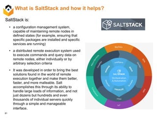 81
What is SaltStack and how it helps?
SaltStack is:
• a configuration management system,
capable of maintaining remote nodes in
defined states (for example, ensuring that
specific packages are installed and specific
services are running)
• a distributed remote execution system used
to execute commands and query data on
remote nodes, either individually or by
arbitrary selection criteria
• It was developed in order to bring the best
solutions found in the world of remote
execution together and make them better,
faster, and more malleable. Salt
accomplishes this through its ability to
handle large loads of information, and not
just dozens but hundreds and even
thousands of individual servers quickly
through a simple and manageable
interface.
 