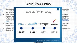 • The CloudStack project began as a project of a start-up known as VMOps in 2008. The company
eventually changed its name to Cloud.com, and it released much of the source to CloudStack in
May 2010 under the GNU General Public License version 3 (GPLv3).
• Cloud.com was purchased in July 2011 by Citrix, and the remainder of CloudStack's code was
released (again, under the GPLv3) in August 2011. Citrix released CloudStack 3.0 in early 2012.
• In April 2012, Citrix re-licensed CloudStack under the Apache Software License 2.0 (ASLv2) and
submitted CloudStack to the Apache Incubator. It was accepted into the Incubator on April 16th,
2012.
• After getting its infrastructure and community processes in place, CloudStack made its first major
release (4.0.0-incubating) from the Apache Incubator on November 6th, 2012. The first minor
release (4.0.1-incubating) came out on February 12, 2013.
• Apache CloudStack graduated from the Incubator on March 20, 2013, and the announcement was
released on March 25, 2013.
CloudStack History
 