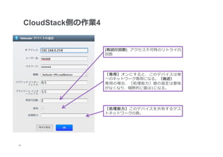 CloudStack側の作業4


                        [再試⾏行行回数]	
   アクセス不不可時のリトライの
                        回数




                        ［専⽤用］オンにすると、このデバイスは単
                        ⼀一のネットワーク専⽤用になる。（後述）
                        専⽤用の場合、［処理理能⼒力力］値の指定は意味
                        がなくなり、暗黙的に値は1になる。




                        ［処理理能⼒力力］このデバイスを共有するゲス
                        トネットワークの数。




19
 	
 
