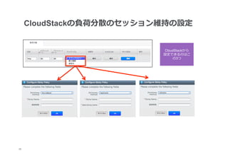 CloudStackの負荷分散のセッション維持の設定


                           CloudStackから
                           設定できるのはこ
                               の3つ




29
 	
 