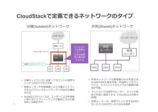 CloudStackで定義できるネットワークのタイプ
        分離離(Isolated)ネットワーク             共有(Shared)ネットワーク




                               デフォルト
                               では仮想ル
                               ーター。こ
                               れを外部機
                               器に置き換
                                えられる




      •  分離離ネットワークには単⼀一アカウントの仮想マ       •  共有ネットワークは管理理者のみが作成でき、
         シンからのみアクセス可能                     VLAN/CIDRを指定可能。作成時にアカウン
                                          トごと、ドメインごとなどアクセス範囲の指
      •  仮想ルーターや外部機器により分離離ネットワー           定が可能。
         クからパブリックネットワークへのNATが構成
         される                           •  ネットワークは既存のルーター、スイッチ経
                                          由で外部に接続できる（CloudStack外部の
      •  VLANなどのリソースは、ユーザーによる作成時          処理理）
         に割り当てとクリーンアップが動的に⾏行行われ基
         本的には指定不不可                     •  仮想ルーターは、仮想マシンに対するDNS
	
6                                         サービスとDHCPサービスのみを提供
 