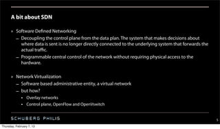 A bit about SDN

      » Software Defined Networking
        – Decoupling the control plane from the data plan. The system that makes decisions about
          where data is sent is no longer directly connected to the underlying system that forwards the
          actual traﬃc.
        – Programmable central control of the network without requiring physical access to the
          hardware.

      » Network Virtualization
        – Software based administrative entity, a virtual network
        – but how?
              • Overlay networks
              • Control plane, OpenFlow and OpenVswitch


                                                                                                          5
Thursday, February 7, 13
 