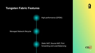 Tungsten Fabric Features
5
Managed Network lifecycle
High performance (DPDK)
Static NAT, Source NAT, Port
forwarding and Load Balancing
 