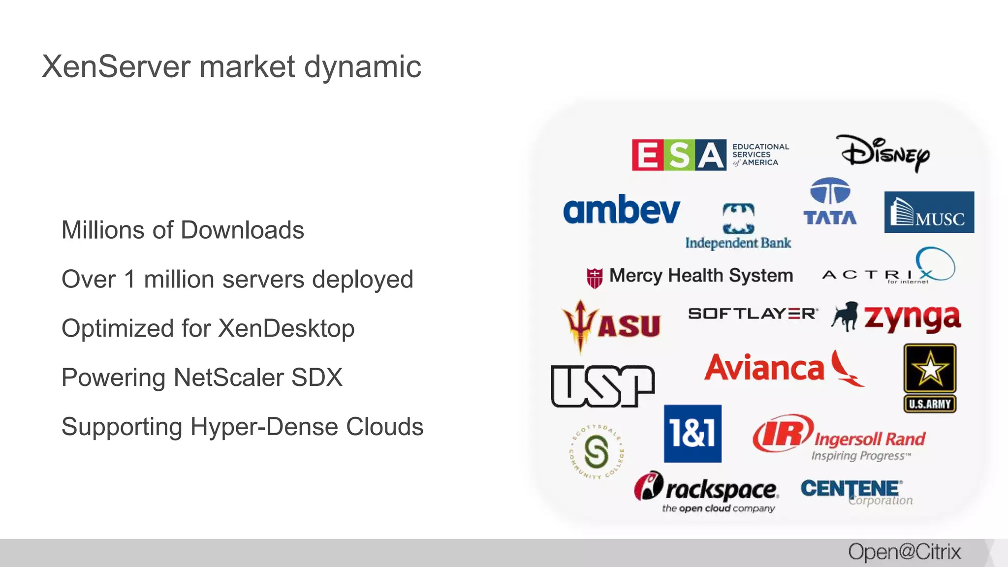 XenServer market dynamic
Millions of Downloads
Over 1 million servers deployed
Optimized for XenDesktop
Powering NetScaler SDX
Supporting Hyper-Dense Clouds
 