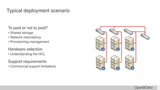 Typical deployment scenario
To pool or not to pool?
• Shared storage
• Network redundancy
• Provisioning management
Hardware selection
• Understanding the HCL
Support requirements
• Commercial support limitations
 