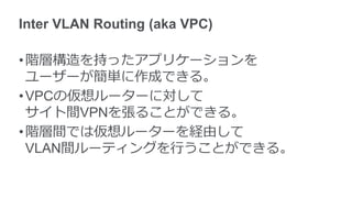 Inter VLAN Routing (aka VPC)

• 階層構造を持ったアプリケーションを
  ユーザーが簡単に作成できる。
• VPCの仮想ルーターに対して
  サイト間VPNを張ることができる。
• 階層間では仮想ルーターを経由して
  VLAN間ルーティングを行うことができる。
 